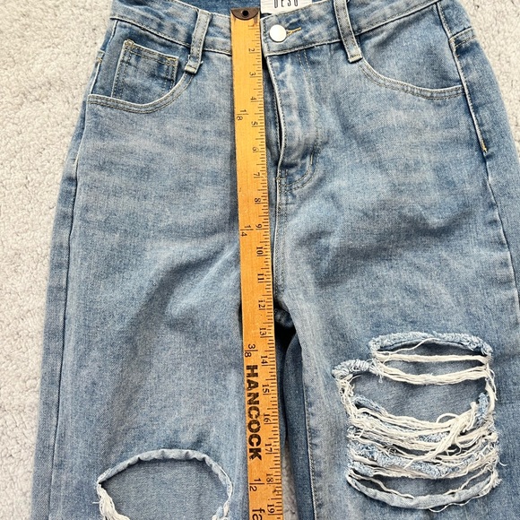 Womens DESU Light Wash Ripped Distressed Wide Leg High Rise Denim Jeans Size S - Picture 2 of 8